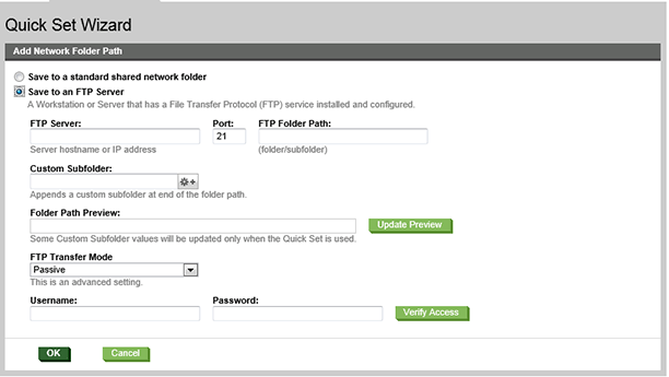 Example of the fields that need to be completed to configure Save to an FTP server