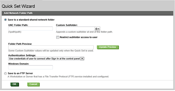 Example of the fields that need to be completed to configure Save to a standard shared network folder